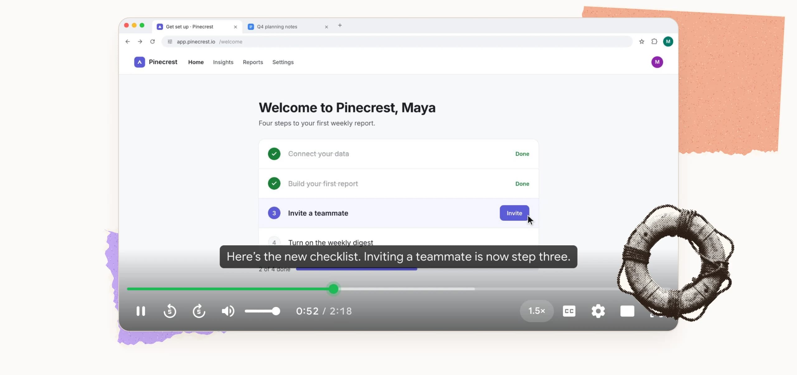 A Lassu help video of a product's welcome checklist playing with subtitles