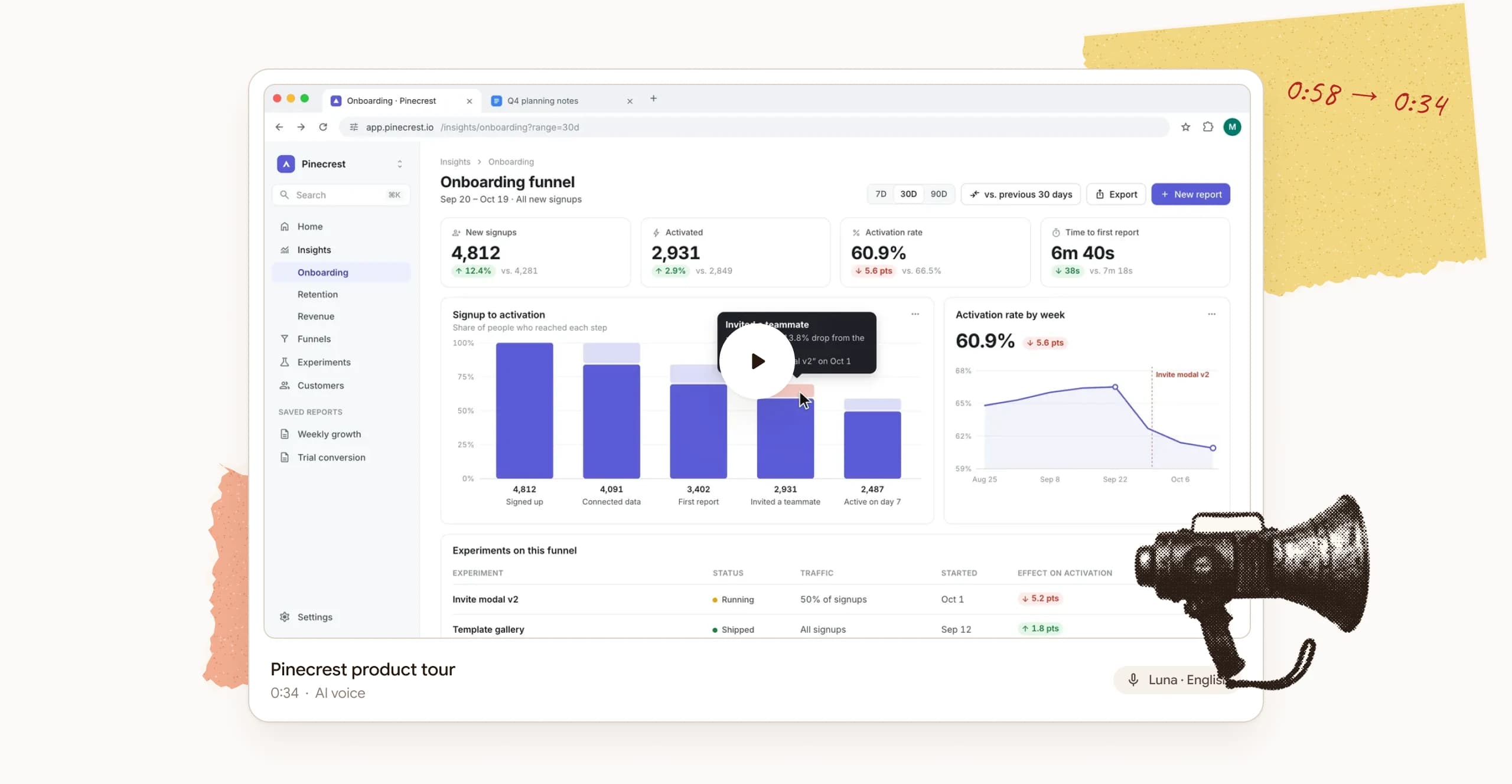 A polished Pinecrest product tour in Lassu: an onboarding funnel dashboard, cut from 58 to 34 seconds with an AI voice